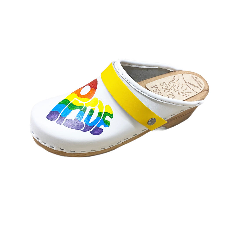 Traditional heel white leather with rainbow pride heart and yellow snap strap