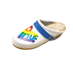 Traditional heel white leather with rainbow pride heart and blue snap strap