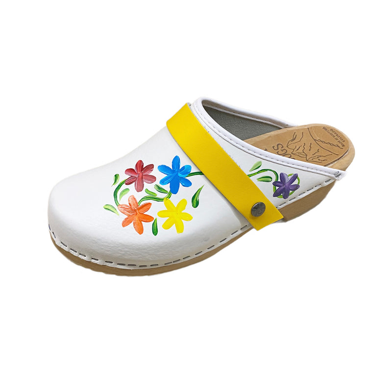 Traditional heel with handpainted Axelina design in pride colors of red, orange, yellow, blue, and purple flowers complete with a yellow snap strap.