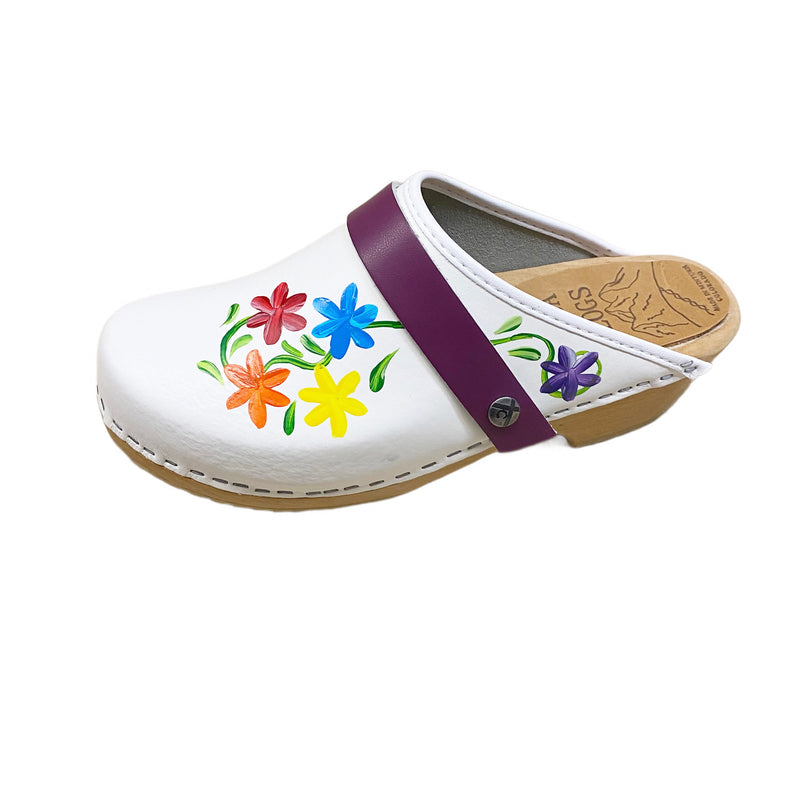 Traditional heel with handpainted Axelina design in pride colors of red, orange, yellow, blue, and purple flowers complete with a purple snap strap.