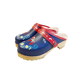 Mountain Sole Clog with blue leather and handpainted Dalahorse design featuring a red edgeband and red with white scroll snap straps