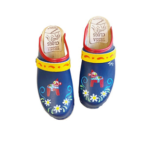 Mountain Sole Clog with blue leather and handpainted Dalahorse design featuring a red edgeband and yellow with orange scroll snap straps