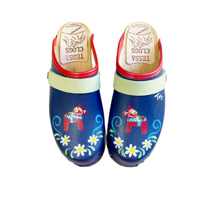 Mountain Sole Clog with blue leather and handpainted Dalahorse design featuring a red edgeband and lime green snap straps