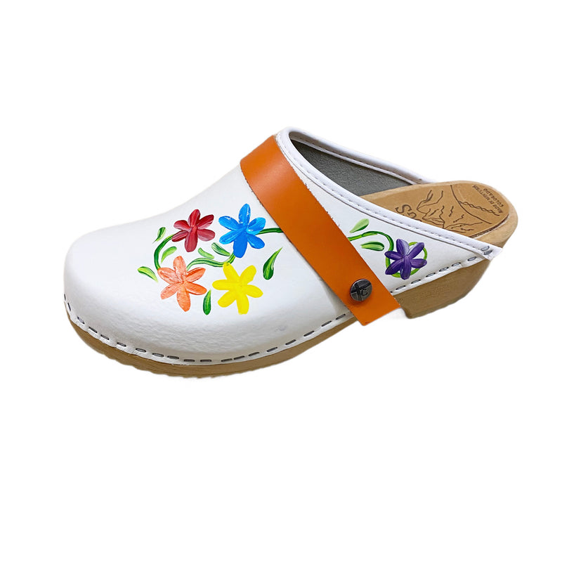 Traditional heel with handpainted Axelina design in pride colors of red, orange, yellow, blue, and purple flowers complete with an orange snap strap.