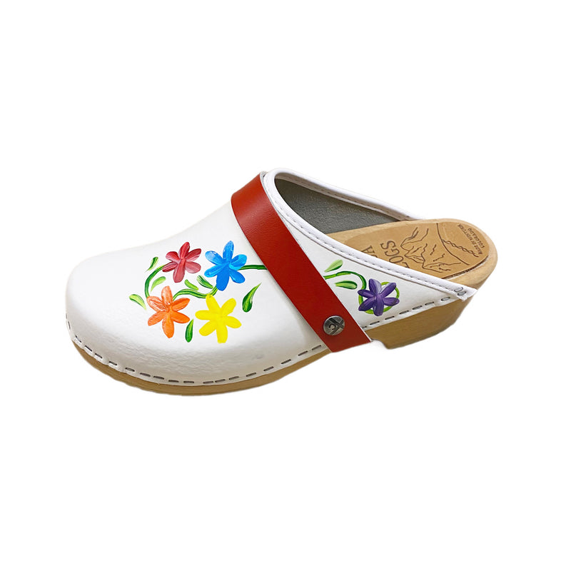 Traditional heel with handpainted Axelina design in pride colors of red, orange, yellow, blue, and purple flowers complete with a red snap strap.