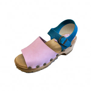 Sigrid Mountain Sole Sandal in Light Pink and Teal with decorative flower nails