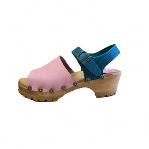 Sigrid Mountain Sole Sandal in Light Pink and Teal with decorative flower nails