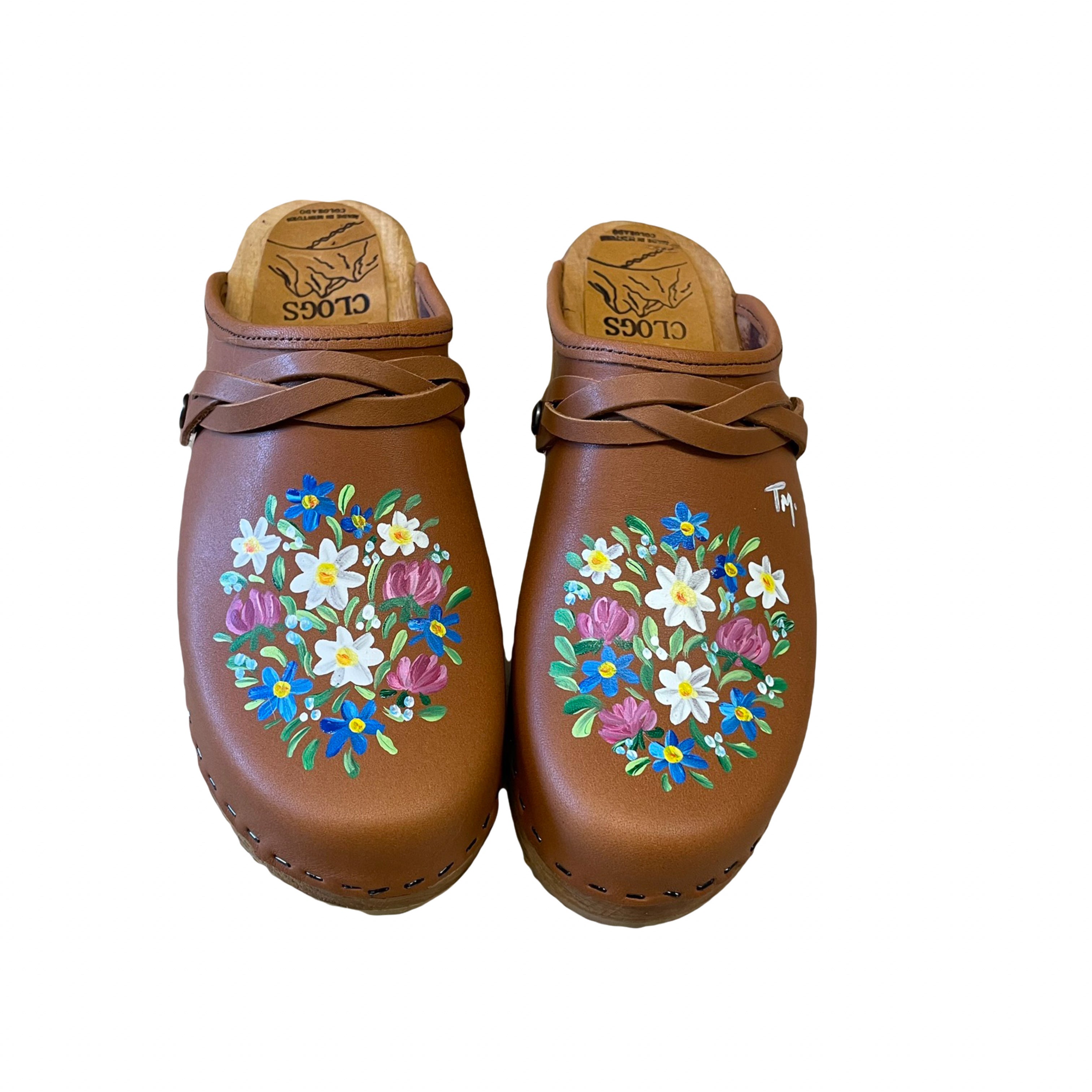 Hand Painted Mountain Clogs with Vail Design,and Snap Straps, Made