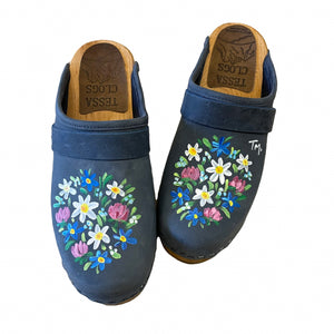 Hand painted High  Heel Clog in denim blue leather