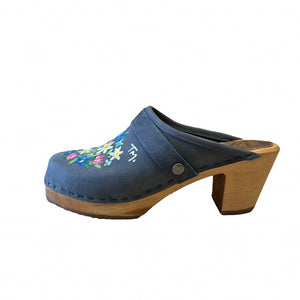 Hand painted High  Heel Clog in denim blue leather
