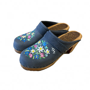 Hand painted High  Heel Clog in denim blue leather
