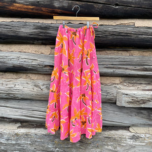 Long Cotton Voile Tiered Skirt in Hot Pink Print