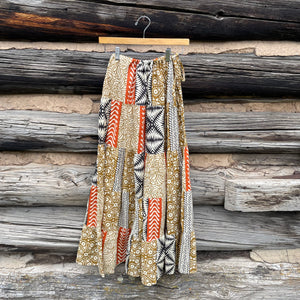 Long Cotton Voile Tiered Skirt in Black /Tan Print