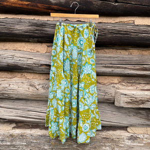 Long Cotton Voile Tiered Skirt in Green Print