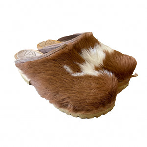 Tan and White furry calf hide mountain clogs