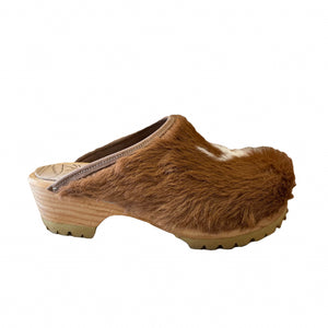 Tan and White furry calf hide mountain clogs