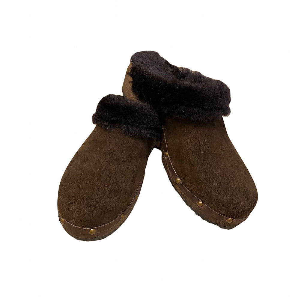 Traditional Heel Brown Suede and Shearling Clog with decorative nails