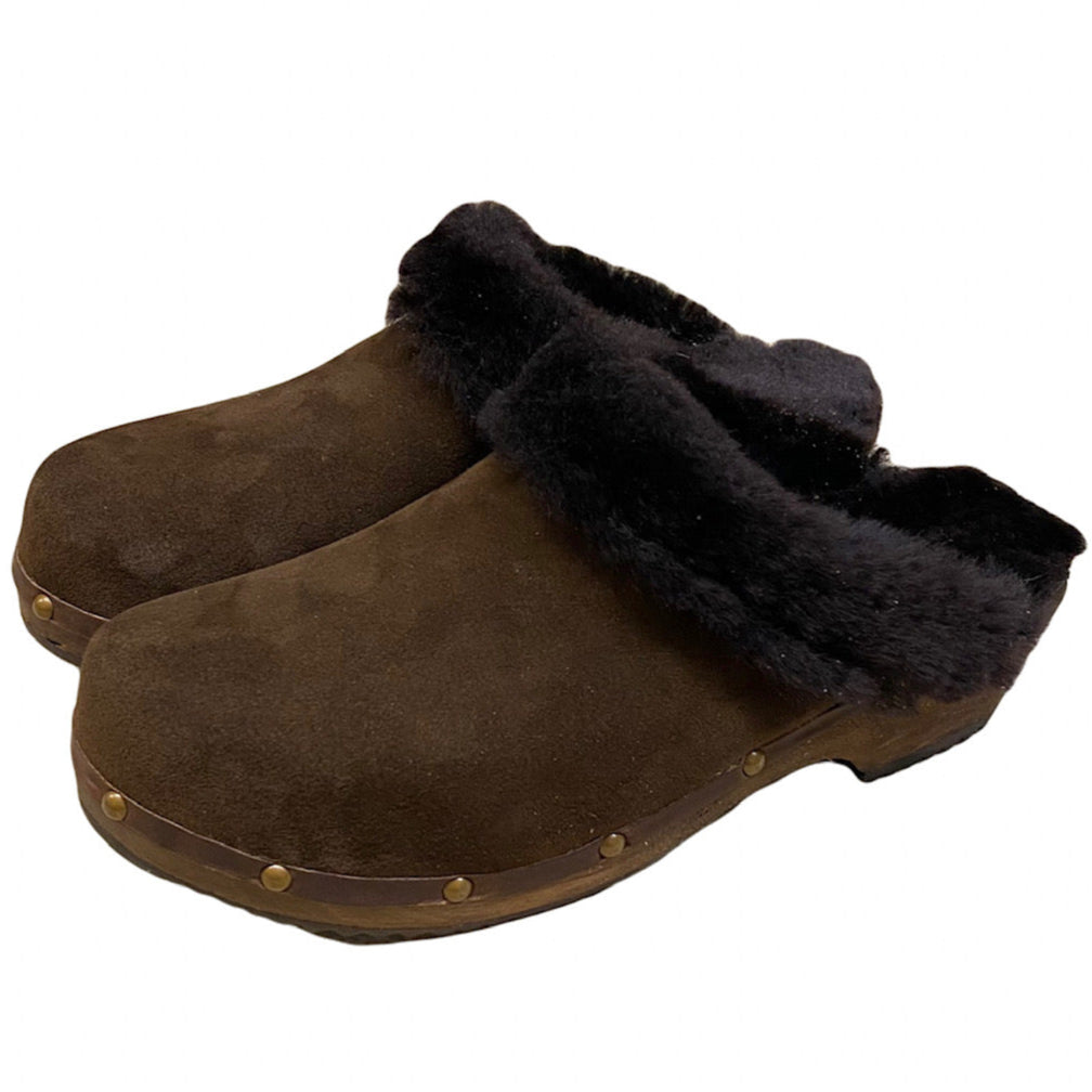 Traditional Heel Brown Suede and Shearling Clog with decorative nails