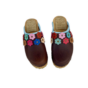 Cocoa Bean Oil Tanned Leather Mountain Clog with Light Blue edgeband and Multi colored Linnea Snap Strap