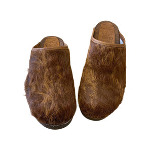 Womens Golde Brown Spotted Cow Hide Traditional Heel Clogs