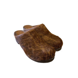 Womens Golde Brown Spotted Cow Hide Traditional Heel Clogs