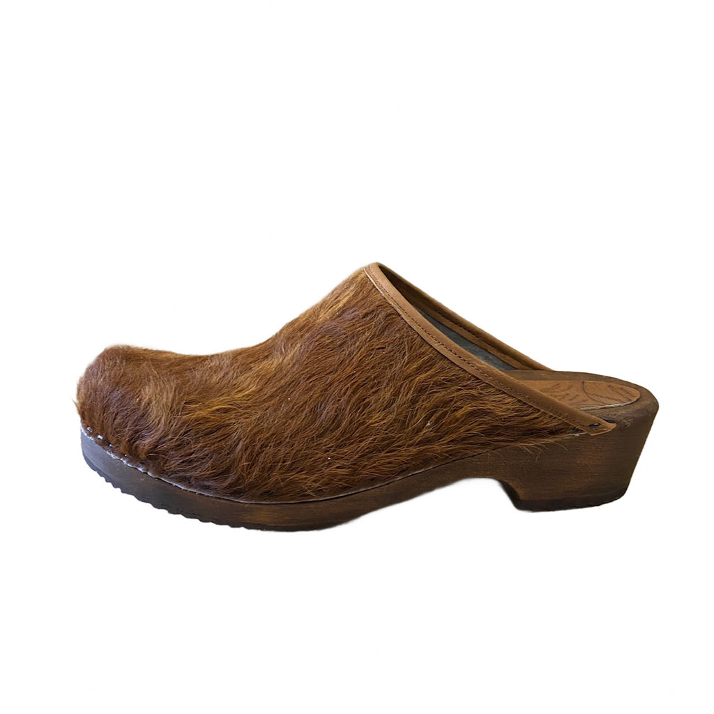 Womens Golde Brown Spotted Cow Hide Traditional Heel Clogs