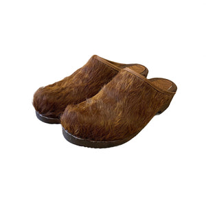 Womens Golde Brown Spotted Cow Hide Traditional Heel Clogs