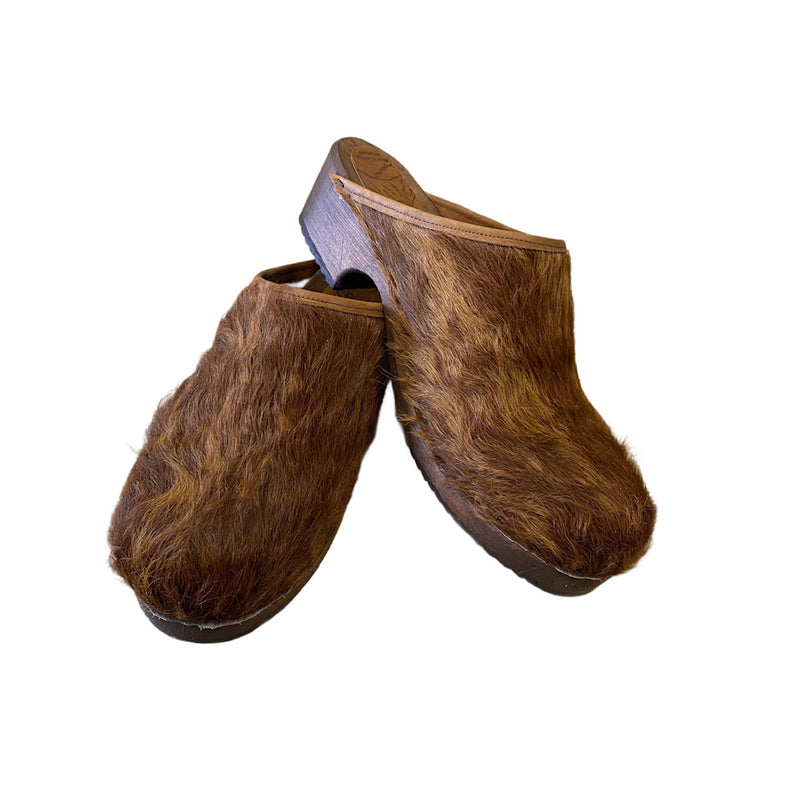 Womens Golde Brown Spotted Cow Hide Traditional Heel Clogs