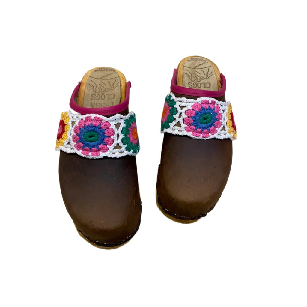 Cocoa Mountain Clogs with Magenta Edgeband ad Sara Pink Crochet Snap Strap