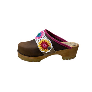 Cocoa Mountain Clogs with Magenta Edgeband ad Sara Pink Crochet Snap Strap