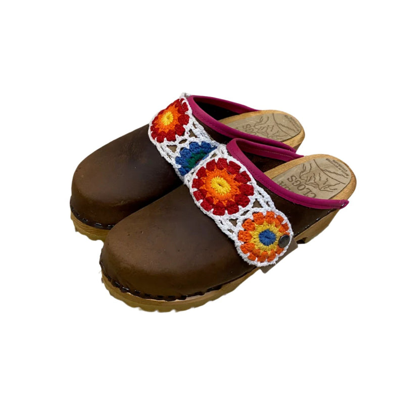 Cocoa Mountain Clogs with Magenta Edgeband ad Sara Red Crochet Snap Strap