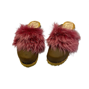 Magenta Tigrado Shearling Snap Strap Mountain Clogs in Cocoa Bean Leather