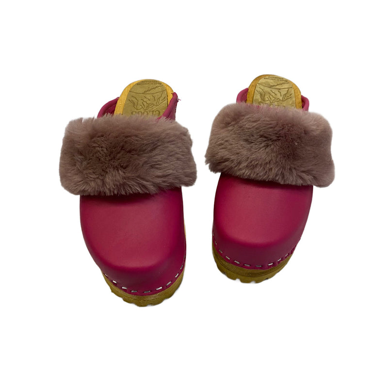 Magenta Mountain Clogs with Dusty Violet Shearling Snap Strap