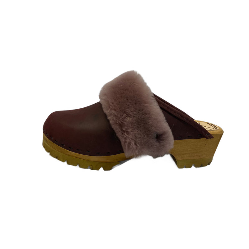 Merlot  Mountain Clogs with Dusty Violet Shearling Snap Strap