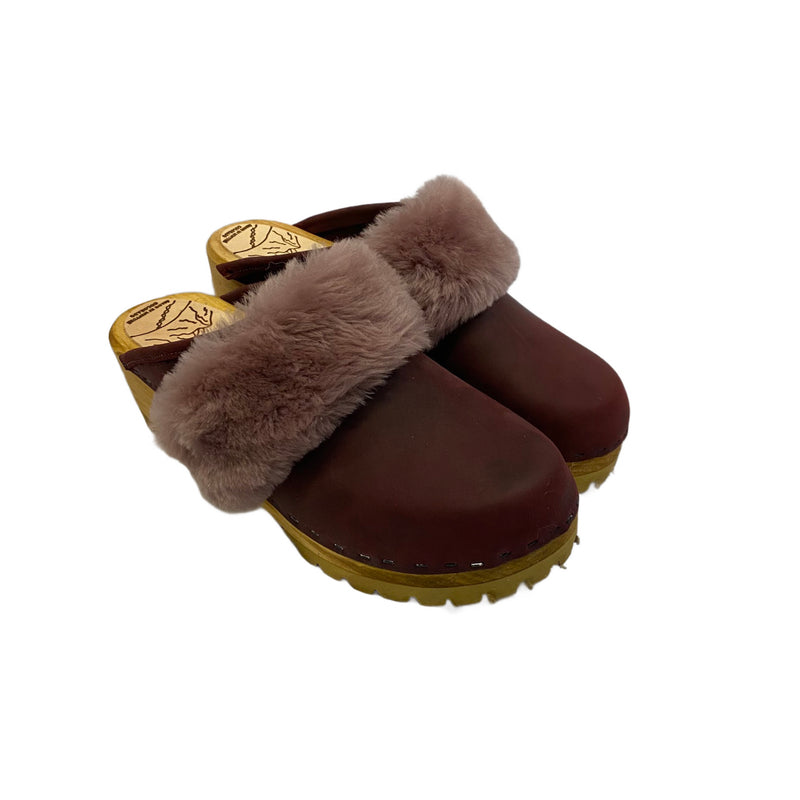 Merlot  Mountain Clogs with Dusty Violet Shearling Snap Strap