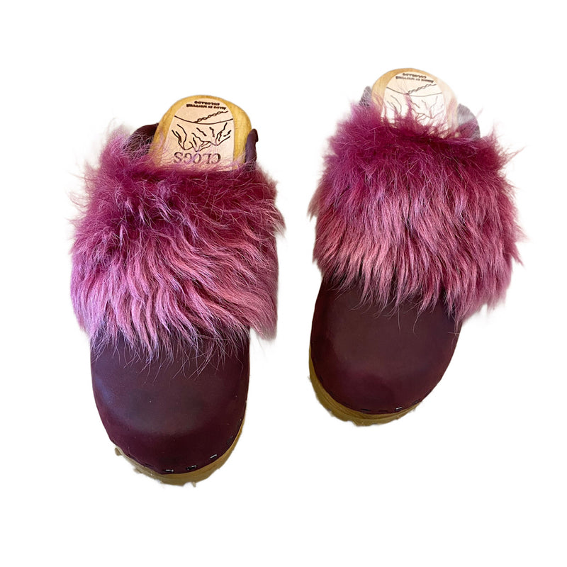 Magenta Tigrado Shearling Snap Strap Mountain Clogs in Merlot Leather