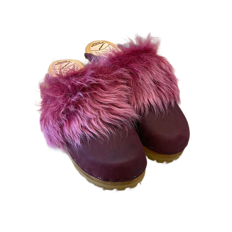 Magenta Tigrado Shearling Snap Strap Mountain Clogs in Merlot Leather