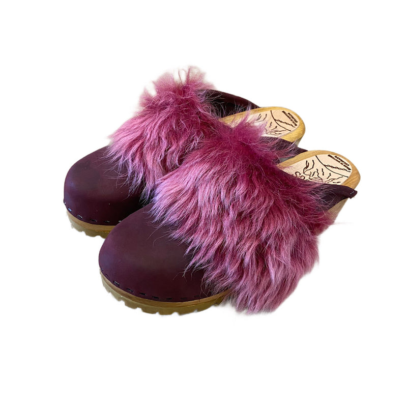 Magenta Tigrado Shearling Snap Strap Mountain Clogs in Merlot Leather