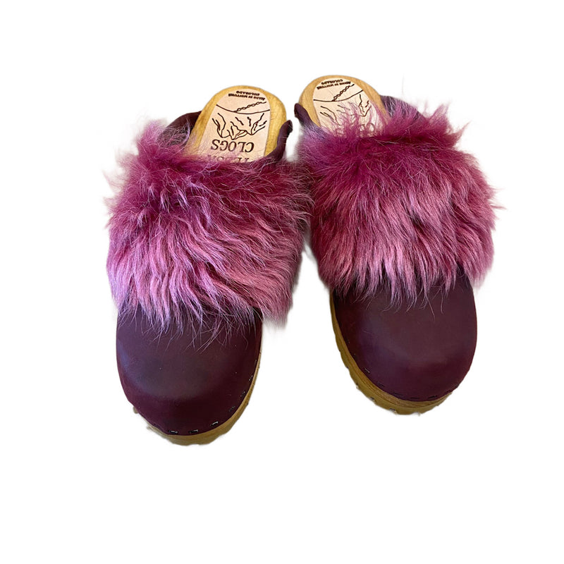 Magenta Tigrado Shearling Snap Strap Mountain Clogs in Merlot Leather