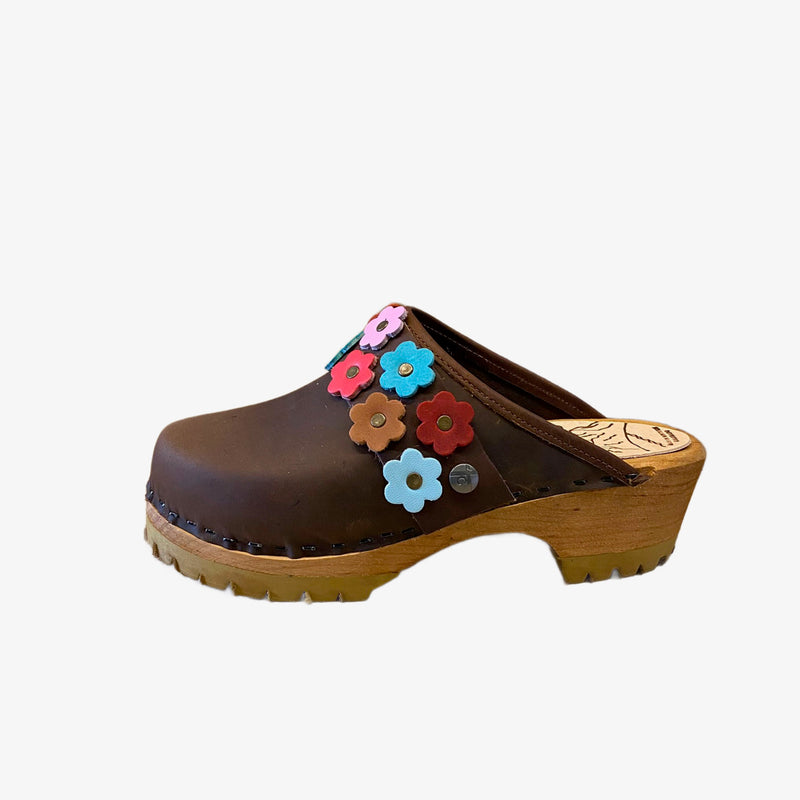 Brown Mountain Clogs with Linnea Flower Snap Strap