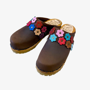 Brown Mountain Clogs with Linnea Flower Snap Strap