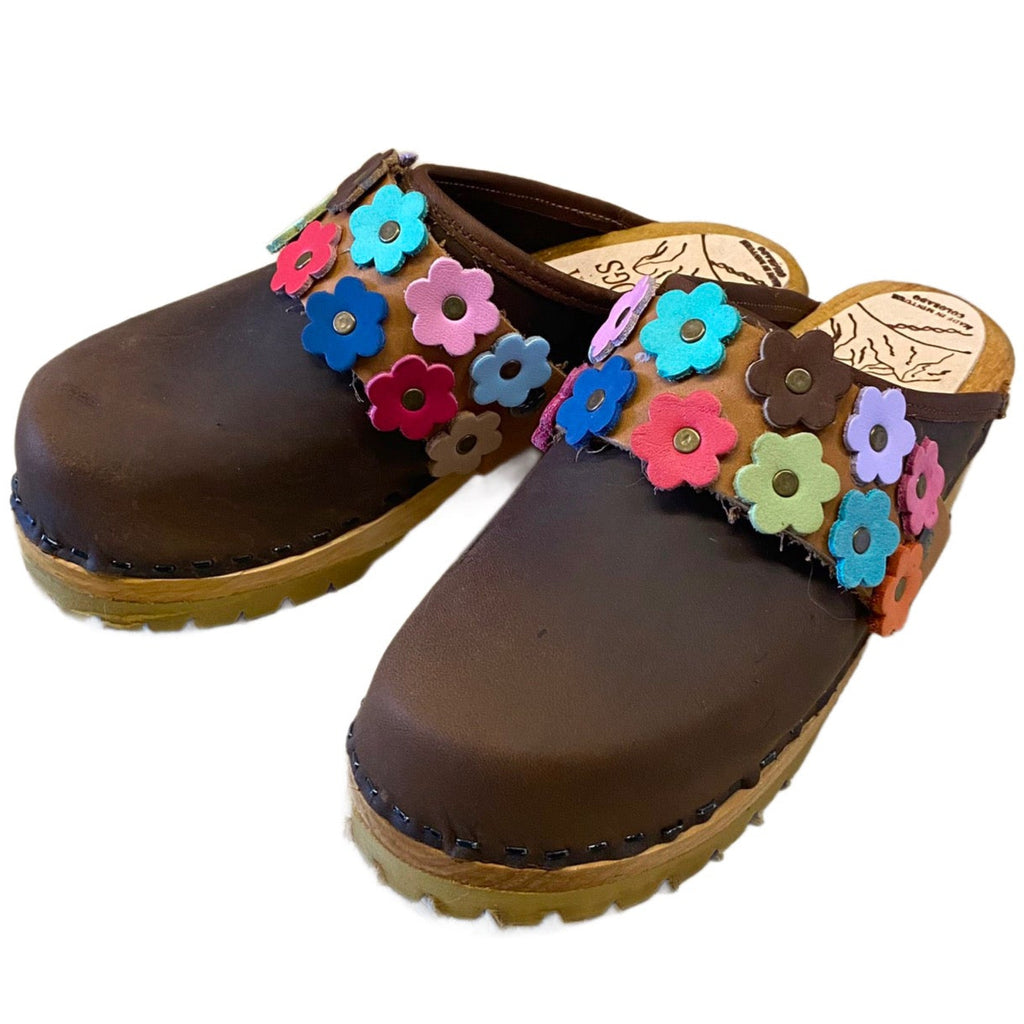 Brown Mountain Clogs with Linnea Flower Snap Strap