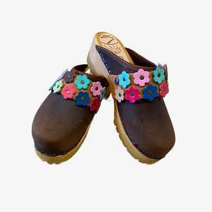 Brown Mountain Clogs with Linnea Flower Snap Strap