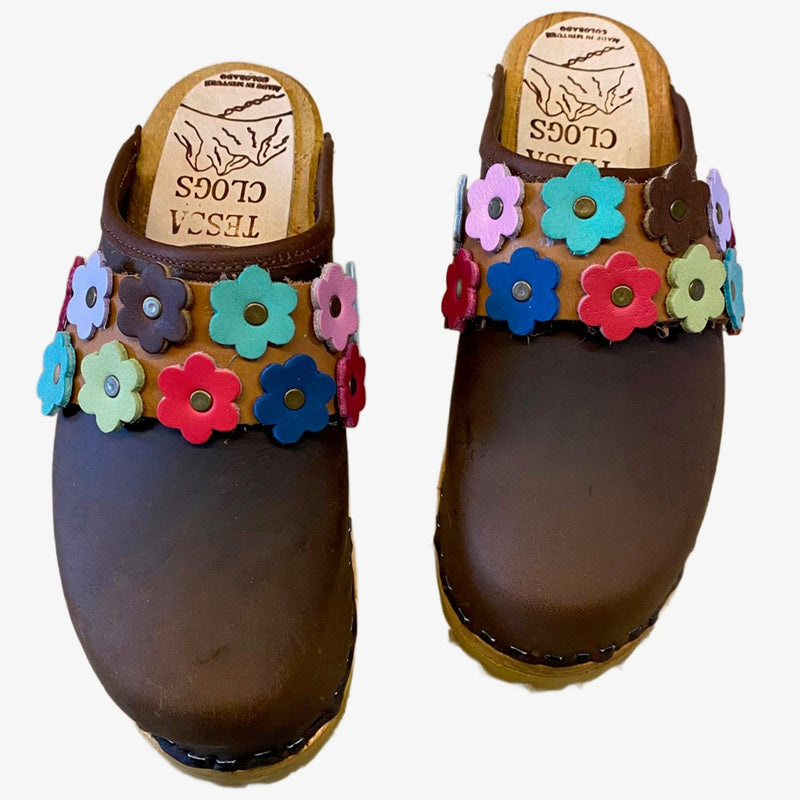 Brown Mountain Clogs with Linnea Flower Snap Strap