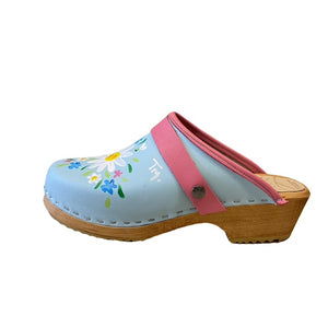 Light Blue Wooden Clogs with Hand Painted Flower design