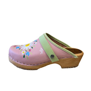Light Pink Wooden Clogs with Hand Painted Flower Design