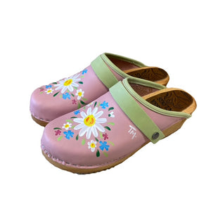 Light Pink Wooden Clogs with Hand Painted Flower Design