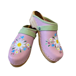 Light Pink Wooden Clogs with Hand Painted Flower Design