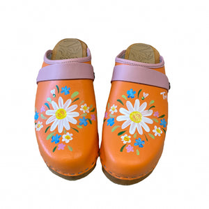Orange clogs with hand painted flower design