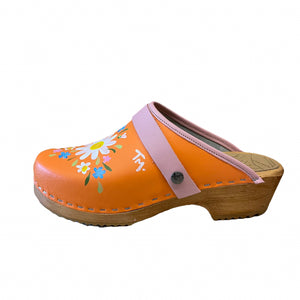 Orange clogs with hand painted flower design